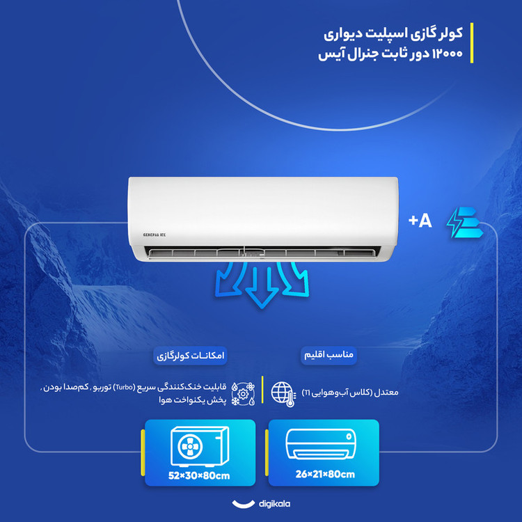 کولر گازی اسپلیت دیواری 12000 دور ثابت جنرال آیس مدل GTSE-12HO1RALA