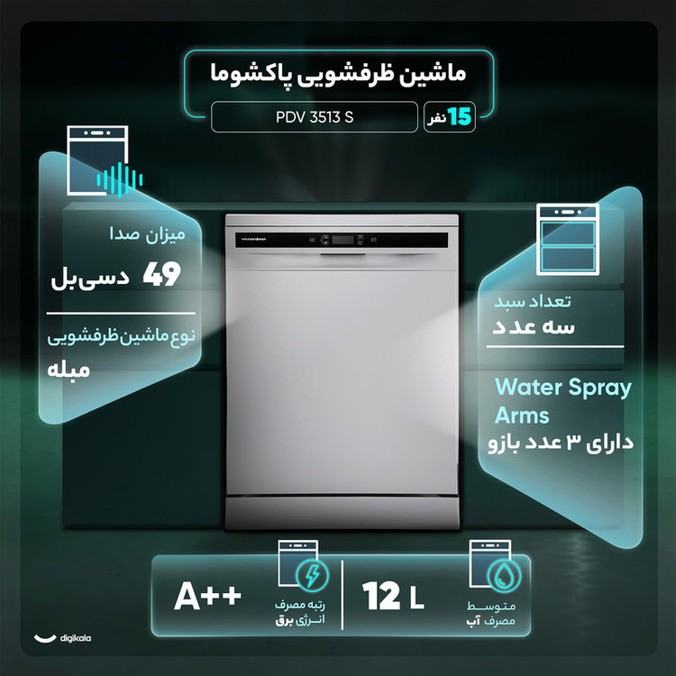 ماشین ظرفشویی 15 نفره پاکشوما مدل PDV 3513 S