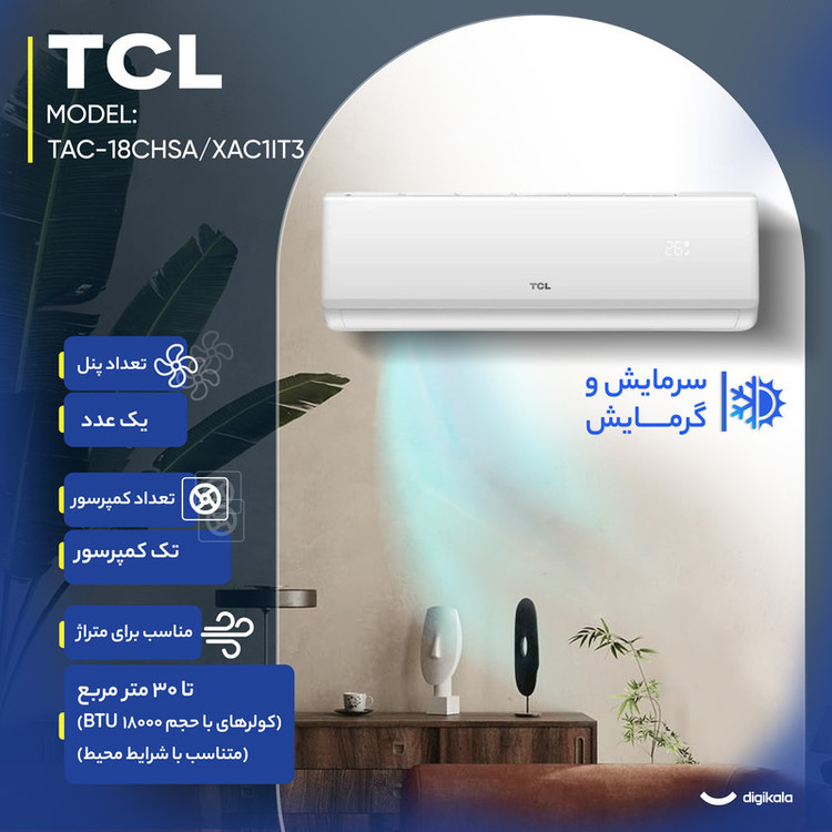 کولر گازی اسپلیت دیواری 18000 اینورتر تی سی ال مدل TAC-18CHSA/XAC1IT3